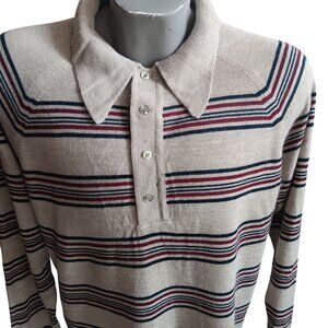 Large Vintage Lord Jeff Striped Pullover Sweater Beige Red & Blue Stripes 1970's